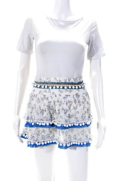 Poupette St. Barth Womens Tiered Fringe Pom Pom Floral Mini Skirt White Size 1
