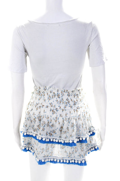 Poupette St. Barth Womens Tiered Fringe Pom Pom Floral Mini Skirt White Size 1