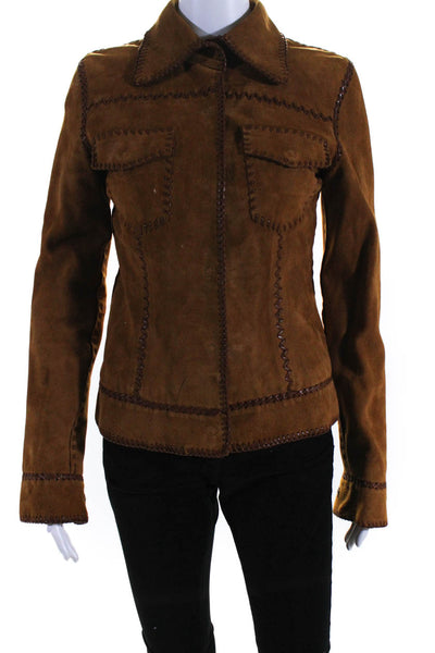 Dolce & Gabbana Womens Woven Leather Trim Suede Snap Jacket Brown Size IT 42