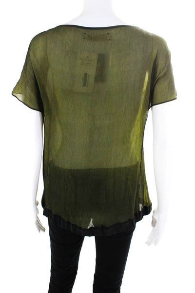 Kristina Ti Women's Silk Lace Trim Short Sleeve Blouse Green/Black Size 46
