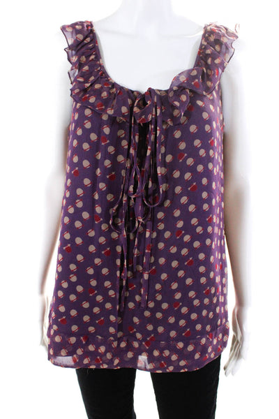 Marc Jacobs Women's Silk Polka Dot Ruffle Trim Blouse Purple Size L
