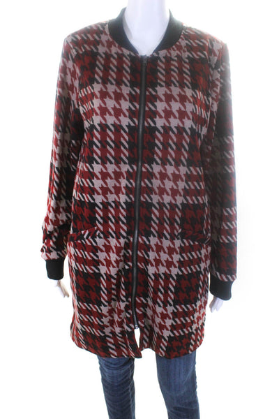 Sanctuary Womens Knit Houndstooth Long Full Zip Jacket Red Black Size Large