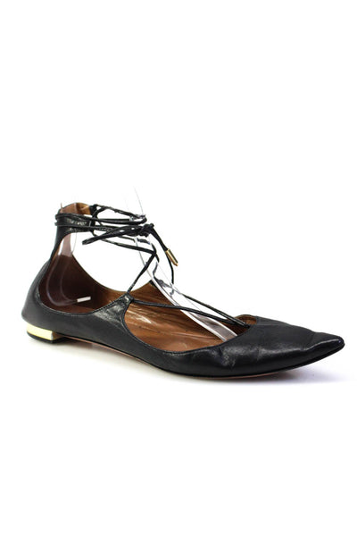 Aquazzura Women's Leather Pointed Toe Lace Up Flats Black Size 39.5