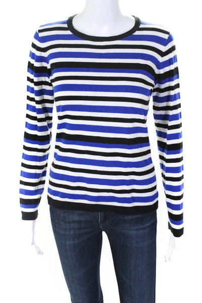 Joan Vass Womens Pullover Crew Neck Striped Sweater Blue White Black One Size