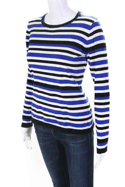 Joan Vass Womens Pullover Crew Neck Striped Sweater Blue White Black One Size