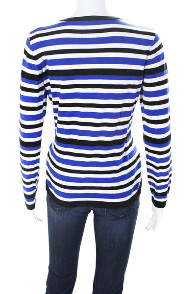 Joan Vass Womens Pullover Crew Neck Striped Sweater Blue White Black One Size