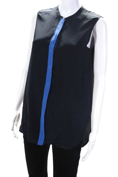 Vince Womens 100% Silk Colorblock Sleeveless Buttoned Blouse Navy Blue Size S