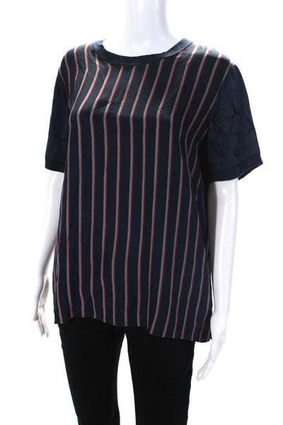 Vince Womens 100% Silk Striped Short Sleeved Round Neck T Shirt Blue Red Size S