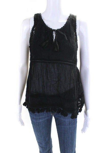Joie Womens Y Neck Pintuck Lace Tassel Tank Top Blouse Black Size Extra Small