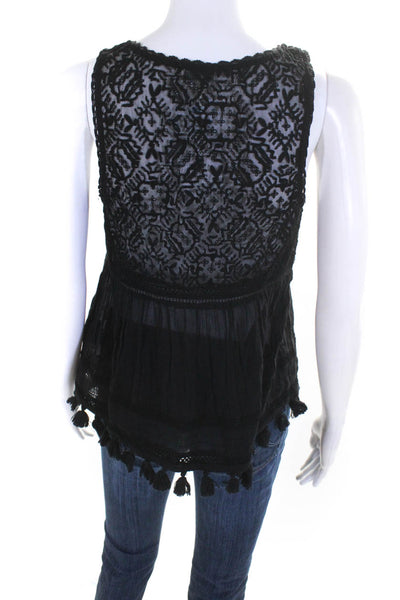 Joie Womens Y Neck Pintuck Lace Tassel Tank Top Blouse Black Size Extra Small