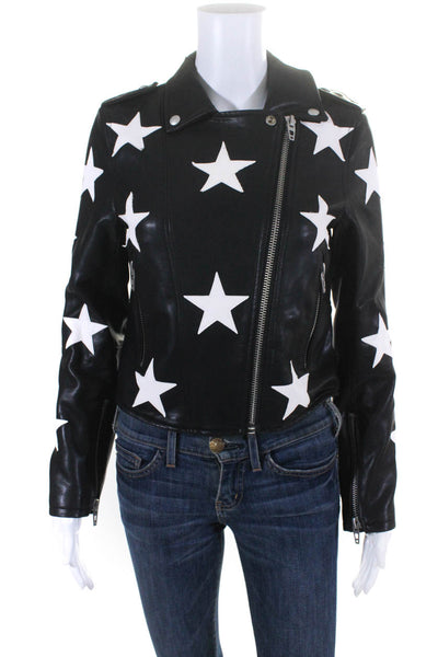 Blank NYC Women's Star Print Faux Leather Asymmetric Zip Jacket Black Size XS