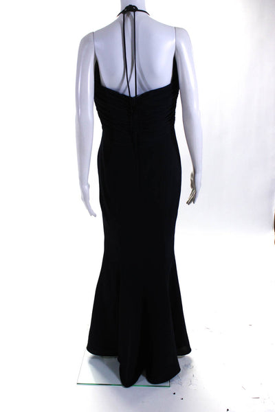 Wayne Clark Womens Ruched Chiffon Halter Sleeveless Gown Navy Blue Size 10