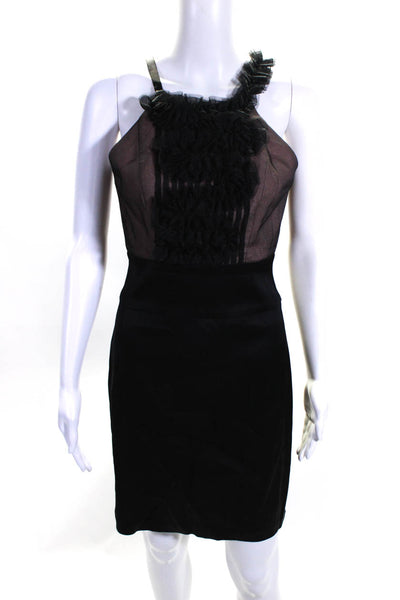 BCBGMAXAZRIA Women's Sleeveless Mesh Ruffle Sheath Dress Black Size 2