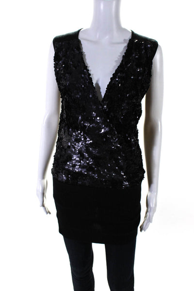 Cashmere Womens Sleeveless Textured Sequin V-Neck Glitter Blouse Black Size S