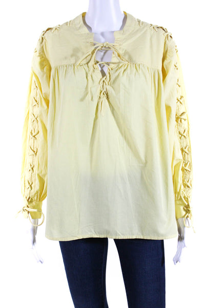Maje Womens Long Sleeve Lace Up Trim Crew Neck Shirt Yellow Cotton Size 0