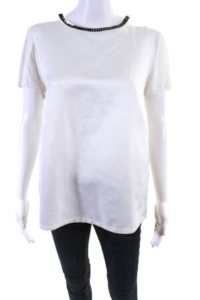 'S Max Mara Womens Beaded Round Neck Short Sleeve Zip Back Shirt White Size 44