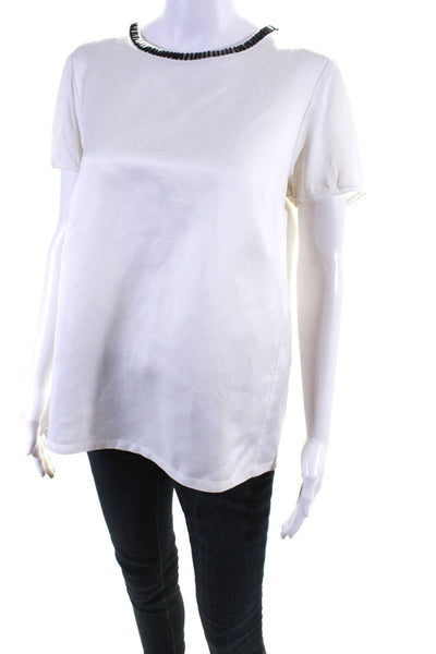 'S Max Mara Womens Beaded Round Neck Short Sleeve Zip Back Shirt White Size 44