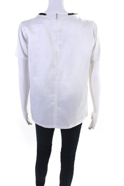 'S Max Mara Womens Beaded Round Neck Short Sleeve Zip Back Shirt White Size 44