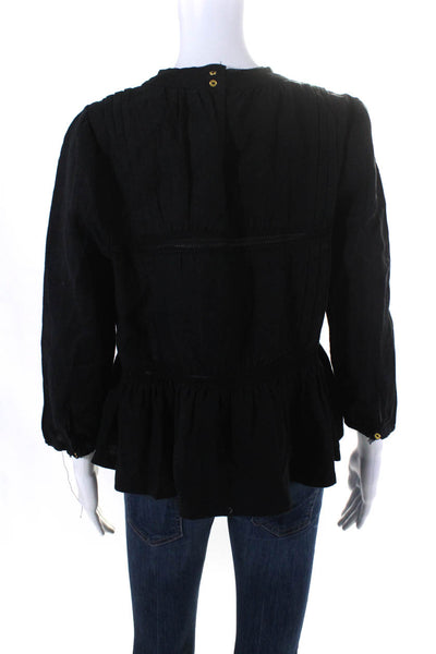 McGuire Womens Long Sleeves Knit Trim Blouse Black Cotton Size Medium