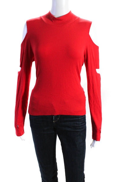 LNA Women's Mock Neck Cold Shoulder Ribbed Blouse Red Size L