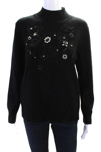 Leo & Ugo Womens Floral Applique Mock Neck Long Sleeved Sweater Black Size 3