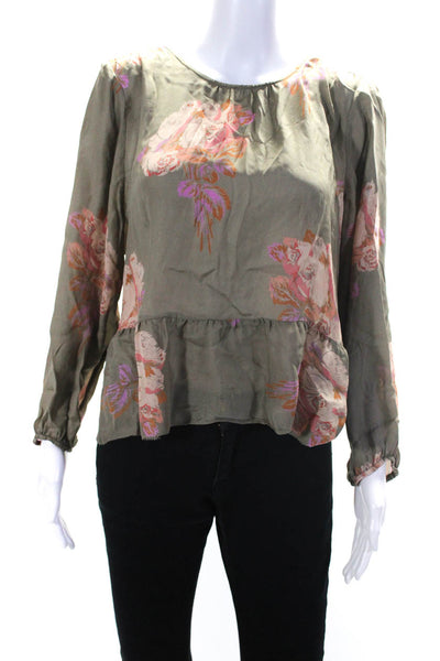 The Great Womens Floral 3/4 Sleeve Ruffle Hem Top Blouse Pink Brown Size 3
