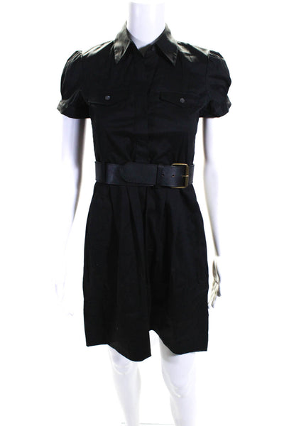 Theory Womens Belted Short Sleeved Collared Button Down Shirt Dress Black Size 0
