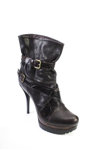 Stuart Weitzman Womens Embossed Leather High Heel Platform Boots Brown Size 7.5