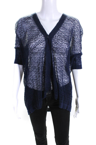 D. Exterior Womens Lace V-Neck Short Sleeve Button Up Cardigan Navy Blue Size S