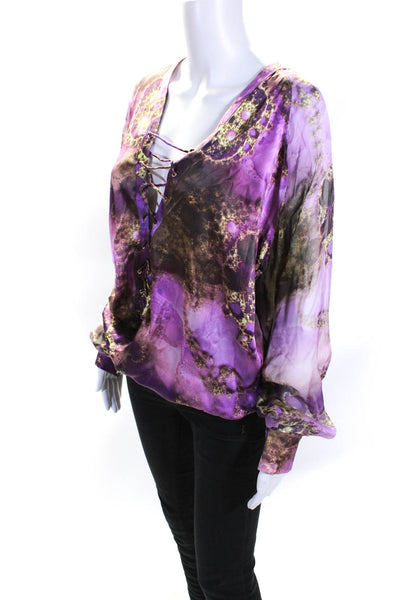 Vanita Rosa Womens Satin Abstract Print Long Sleeve Lace Up Blouse Purple Size S