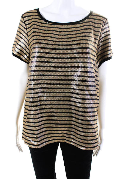 Pure Collection Womens Sequin Striped Short Sleeve Blouse Top Gold Size 8/10