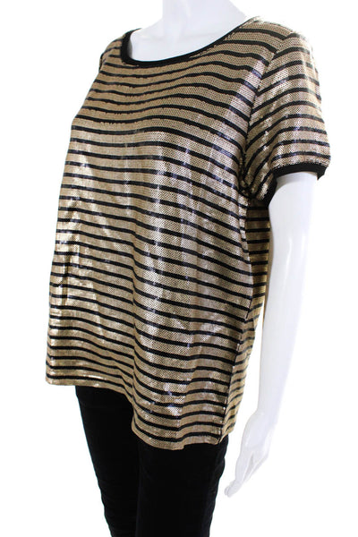 Pure Collection Womens Sequin Striped Short Sleeve Blouse Top Gold Size 8/10
