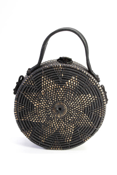 Street Level Womens Woven Straw Snap Up Round Structured Black Small Handbag