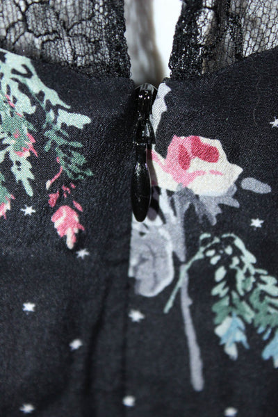 Valentino Womens Black Floral Print Lace Trim Short Sleeve Shift Dress Size 4