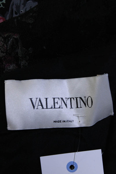 Valentino Womens Black Floral Print Lace Trim Short Sleeve Shift Dress Size 4