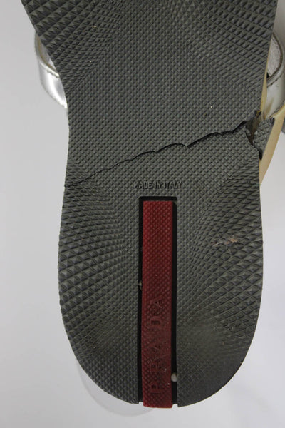 Prada Womens Metallic Leather Strappy Flip Flops Sandals Silver Size 36.5 6.5