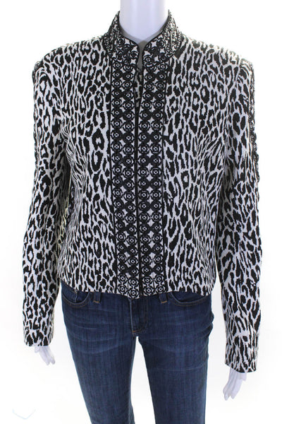 Marchesa Voyage Womens Hook Front Leopard Knit Jacket White Black Size 8