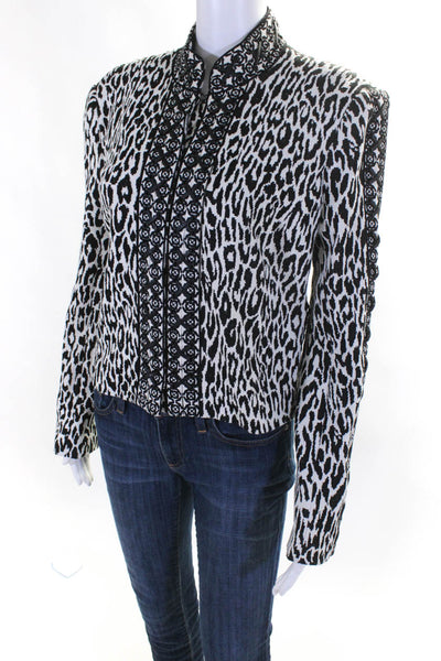 Marchesa Voyage Womens Hook Front Leopard Knit Jacket White Black Size 8