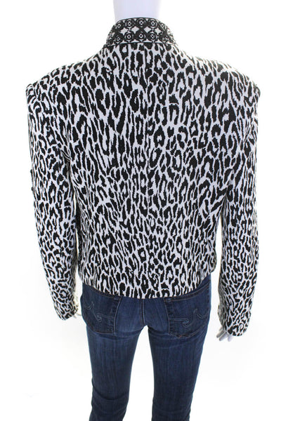 Marchesa Voyage Womens Hook Front Leopard Knit Jacket White Black Size 8