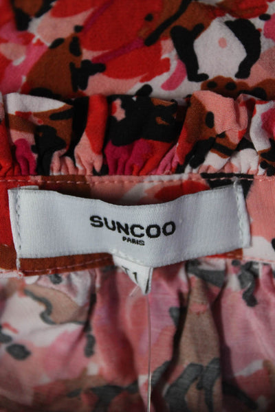 Suncoo Womens Button Front Belted Crew Neck Shift Dress Pink Black Size 1