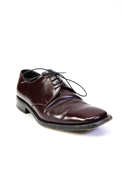Prada Mens Leather Low Heeled Lace Up Square Toe Derby Oxfords Dark Red Size 7.5