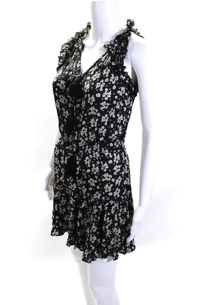 Coolchange Woemns Floral Tassel Tied V Neck Short Dress Black Beige Size XS