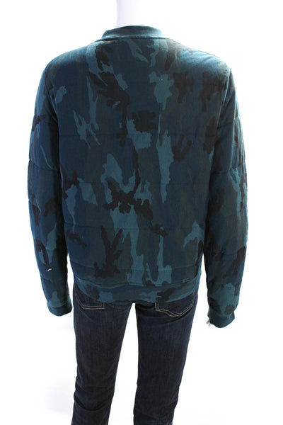 Neiman Marcus Womens Knit Camo Full Zip Puffer Bomber Jacket Blue Size 3