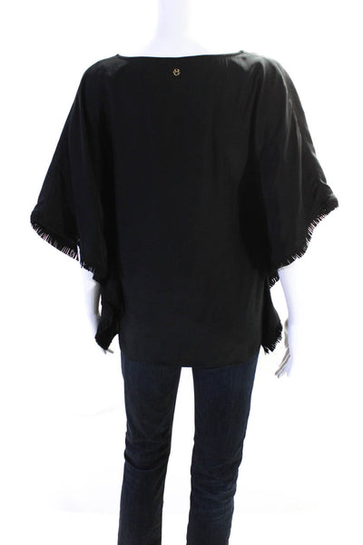 Marie Oliver Womens Fringe Trim V Neck Dolman Sleeve Top Blouse Black Silk XS