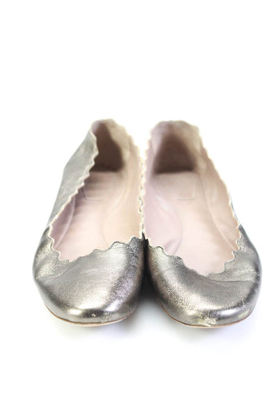 Chloe Women's Leather Round Toe Ballet Flats Silver Size 36