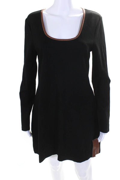 Staud Womens Faux Leather Trim Scoop Neck Ponte Sheath Dress Black Size Large