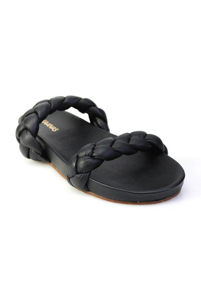 Kaanas Womens Double Braided Strap Slide Sandals Black Leather Size 10M