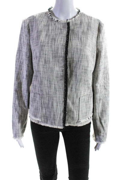 Akris Punto Womens Frayed Trim Striped Snap Up Blazer Jacket White Black Size 10