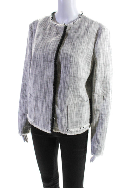 Akris Punto Womens Frayed Trim Striped Snap Up Blazer Jacket White Black Size 10