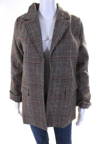 Colette Rose Womens Houndstooth Plaid Print Open Front Blazer Brown Size S